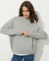 Women's grey crewneck loose knit sweater, casual autumn winter pullover detail view. - S / Tops / Light Gray