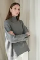 Cozy grey turtleneck knit sweater detail, soft wool blend fabric, stylish women apparel. - S / Tops / Gray