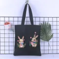 Black canvas tote bag detail featuring cute cartoon bunny watercolor illustration and floral. - Style 9 / 35*40cm