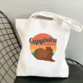 Detailed shot of the cute Capybara print canvas tote bag, featuring a retro sunset design. - Style 4 / 35*40cm