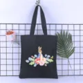 Black canvas tote bag with cute watercolor rabbit and floral print, casual student shoulder bag. - Style 7 / 35*40cm