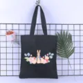 Black canvas tote bag with watercolor cute rabbit and floral print, casual shoulder bag. - Style 5 / 35*40cm