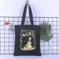 Black canvas casual tote bag with cute cartoon rabbit illustration for everyday use - Style 4 / 35*40cm