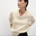 Womens V-neck ribbed knit sweater, casual long sleeve pullover in chic off-white color. - One Size / Tops / Ivory