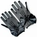 Black fishnet fingerless gloves with satin bow and laser glossy mesh design for party. - Black