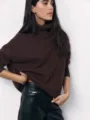 Women's autumn winter brown turtleneck loose knit sweater paired with black leather pants. - S / Tops / Coffee