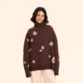 Brown turtleneck sweater featuring pink floral jacquard pattern, cozy and warm for autumn/winter. - One Size / Tops / Coffee