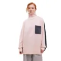 Oversized turtleneck knit sweater for women, pink with contrast dark grey pocket and sleeves. - S / Tops / Lotus Pink