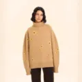 Cozy camel turtleneck sweater featuring charming yellow floral jacquard knit pattern for women. - One Size / Tops / Khaki
