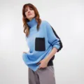 Women's contrast color block turtleneck knit sweater, casual loose autumn winter pullover. - S / Tops / Sky Blue