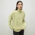 Light green turtleneck knitted sweater, cozy loose fit long sleeve autumn winter top. - Yellow-Green