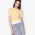 Yellow short sleeve knit polo sweater for women, perfect for spring and summer casual wear. - S / Tops / Lemon Yellow