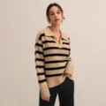 Knitted Striped Polo Sweater in Beige and Black, Casual Fall Winter Variant Style. - S / Tops / Khaki