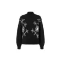 Black mock neck knit sweater with elegant white floral embroidery for women autumn winter - One Size / Tops / Black
