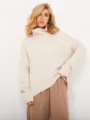 Women's casual loose turtleneck knit sweater autumn winter solid color warm pullover top - Light Apricot