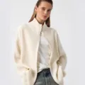 Cream ribbed knit zip-up cardigan, half-high collar sweater for women, autumn fashion. - S / Tops / Champagne