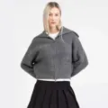 Grey zip-up knit cardigan with large lapel and collar for women autumn daily wear style - S / Tops / Gray