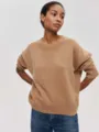 Women casual solid camel color crewneck long sleeve loose pullover sweater worn by model - S / Tops / Camel