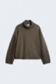 Women's loose high neck knit sweater, casual solid color long sleeve short pullover in khaki. - S / Tops / Coffee