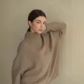 Women casual oversized turtleneck knit sweater, solid beige autumn winter warm apparel. - S / Tops / Khaki