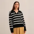 Black and white striped knit polo sweater, loose fit autumn winter casual pullover top for women. - S / Tops / Black