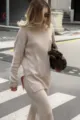 Beige turtleneck knitted sweater set for women, cozy casual pullover and pants outfit. - S / Apricot