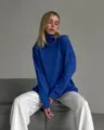 Women's royal blue turtleneck sweater long sleeve casual knit pullover for autumn winter fashion - S / Sapphire Blue