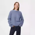 Women casual loose crewneck knit sweater in solid blue color, comfortable autumn wear. - Fog Blue