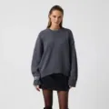 Women oversized crewneck knit sweater casual long sleeve pullover autumn winter solid top - Dark Gray