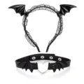 Black gothic bat wing lace headband and heart ring choker detail shot for festival party. - Headband And Choker Combination / Black