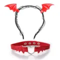 Close-up details of the Halloween red bat wing headband and heart ring choker set. - Headband And Choker Combination / Red