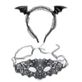 Details of black bat wing headband and lace mask set for Halloween party costume accessories. - Style 1 Black PU Bat And Black Mask