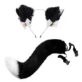 Schwarz-weißer Plüsch Katzenohren Haarreif und flauschiger Schwanz Set mit Schleifen und Glocken. - 9# Schwarz Weiß + Schwarz Weißer Schwanz