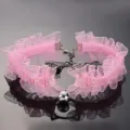 Pink lace cat ear choker necklace with bell, sweet gothic fashion neck jewelry accessory. - Pink