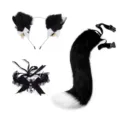 Katzenohren und Schwanz Cosplay Set mit Plüsch Haarreif, Fellschwanz und Glocken Halsband. - 10# Schwarz Weiß + Glocke Spitze Halsband + Farbblock Schwanz