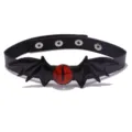 Gothic bat choker necklace with red eye gemstone, adjustable black leather neck accessory for Halloween party - Black