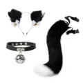 Flauschiges schwarz-weisses Katzenohren-Haarband, Leder-Halsband und Schwanz-Cosplay-Set. - 11# Schwarz Weiß + Glocke PU Halsband + Farbblock Schwanz