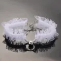 White lace choker necklace with cute cat ear metal ring and bell for women and girls. - White
