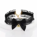 Black lace choker necklace with satin bow and golden bell, exquisite detail view of fashion accessory. - Style 1 (TZ150) / Black