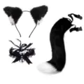 Katzenohren und Schwanz Cosplay Set mit flauschigen Tierohren sowie Glockenhalsband. - 13# Schwarz Innen Weiß + Glocke Spitze Halsband + Farbblock Schwanz