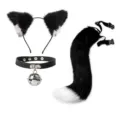 Süßes Schwarz-Weiß Katzenohren Haarreif, Glockenhalsband und flauschiger Schwanz Set. - 14# Schwarz Innen Weiß + Glocke PU Halsband + Farbblock Schwanz