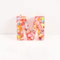 Pink resin letter M pendant with colorful heart glitter sequins, perfect DIY keychain bag charm. - Letter M