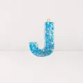 Blue holographic glitter resin letter J pendant keychain DIY bag charm accessory gift. - Letter J