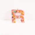 Pink epoxy resin letter R charm with colorful heart glitter keychain and DIY jewelry part. - Letter R