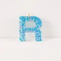 Blue holographic resin letter R pendant, sparkly glitter keychain bag charm DIY jewelry accessory. - Letter R
