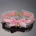 Pink lace bell choker detail close-up showing delicate ribbon bow and cute golden pendant. - Style 1 (TZ150) / Pink