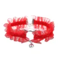 Red lace choker necklace with cute cat ear metal ring and bell for women and girls fashion accessory - Red