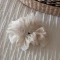 Detailed close-up of a Korean solid white sheer organza scrunchie, soft hair tie accessory. - Beige