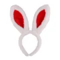 Detailed shot of white plush bunny ear headband with red inner ear, cute holiday party prop. - Red