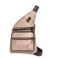 Canvas sling bag, retro khaki chest backpack with multi-zipper compartments for outdoor travel. - Khaki